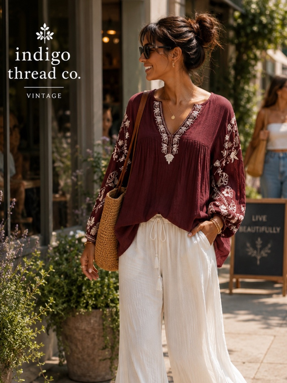 Indigo Thread Co Embroidered Boho Gauze Tunic Top Burgundy Dolman Sleeve Size M